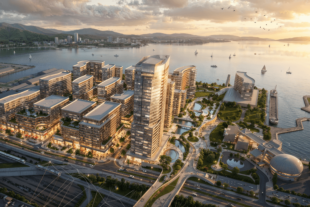 An aerial rendering of a waterfront district at sunset, centered on a curved glass high-rise surrounded by mid-rise buildings, landscaped parks, and canals. Sailboats dot the calm bay with forested hills in the distance.